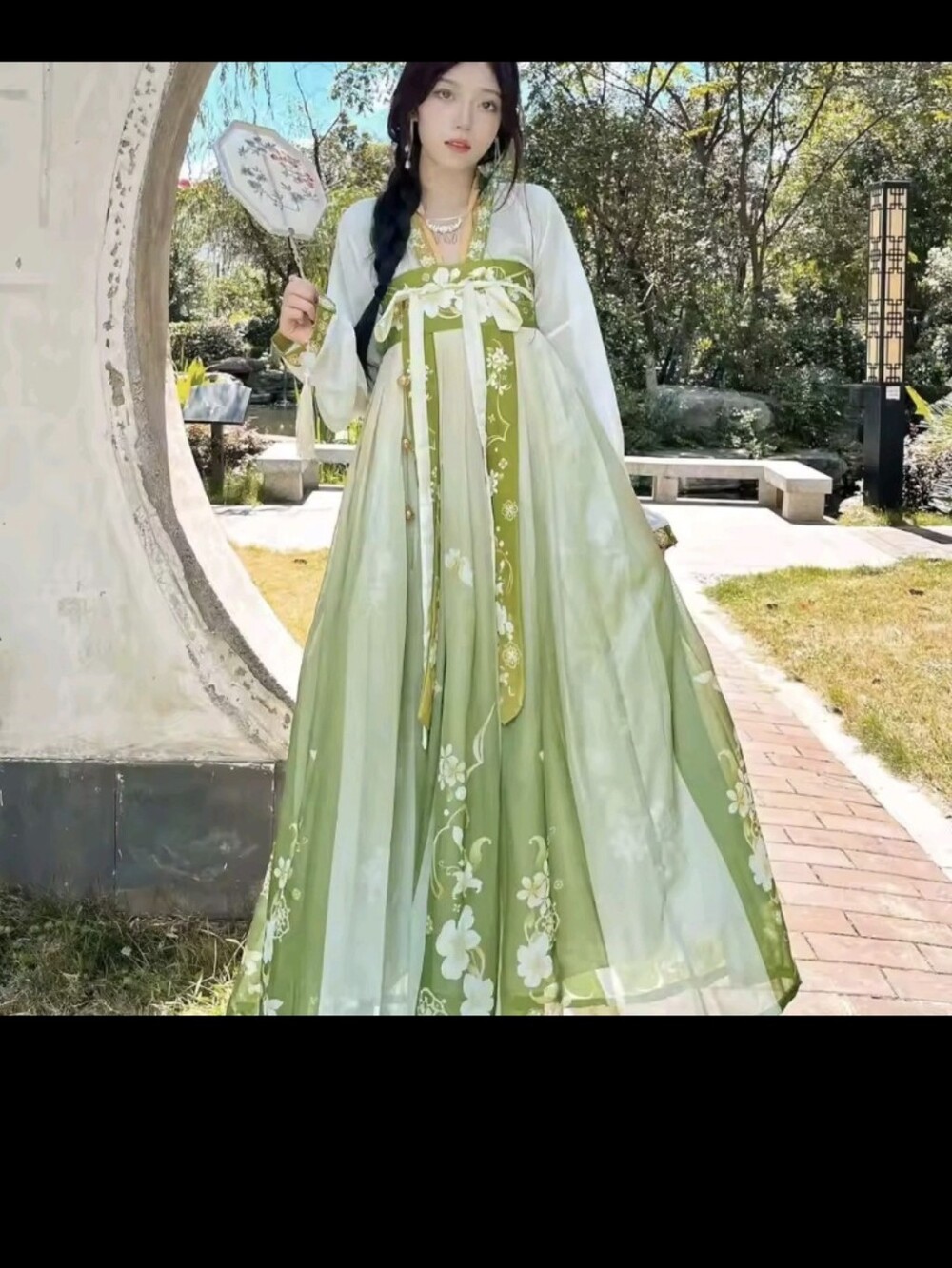 Light Green Floral Hanfu Maxi Dress with White Overlay